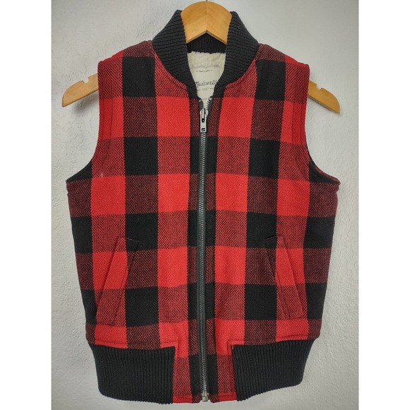 Madewell Red‎ & Black Buffalo Check Wool Blend Fleece Lined Vest Size XS - Picture 1 of 6
